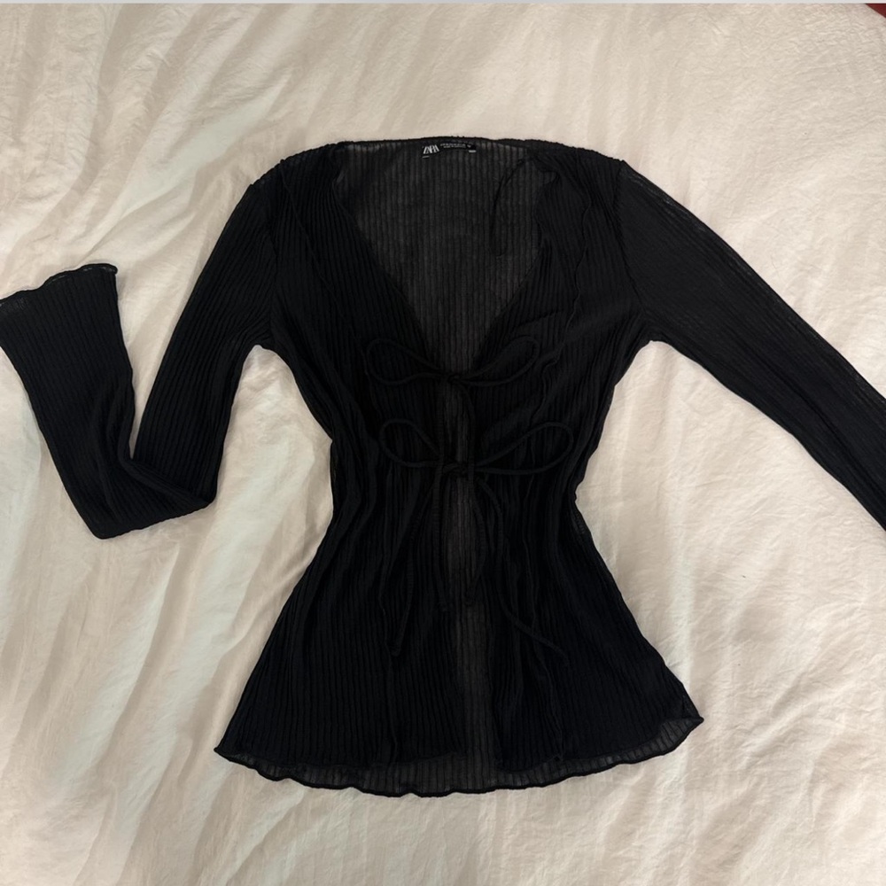 Zara Black Ribbed sheer Long Sleeve top